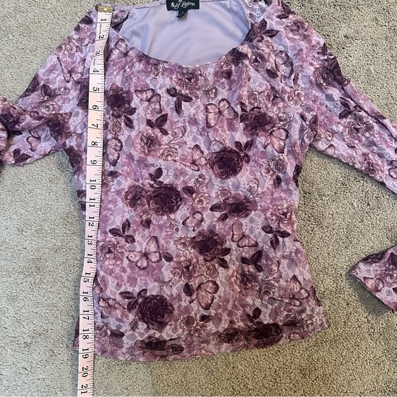 Vintage Y2K Self Esteem Longline Slim Fit Purple Mesh Butterfly Floral Top Small - Picture 6 of 8